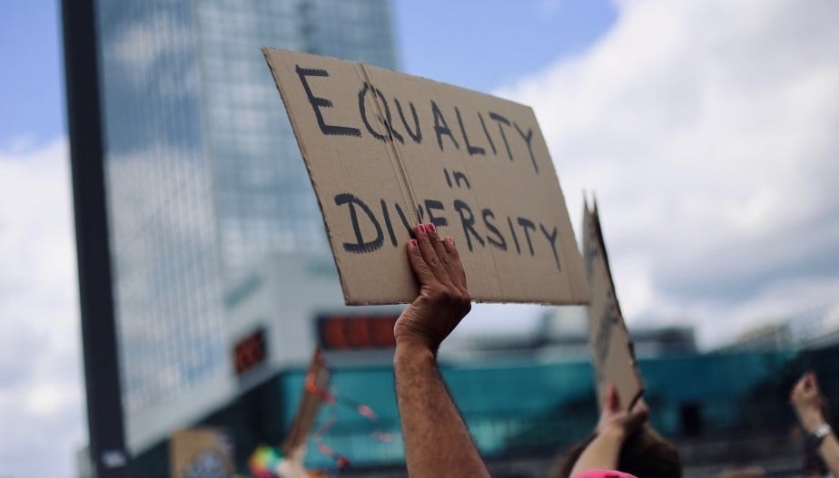 A person holds up a sign reading "Equity in Diversity" at a street proptest