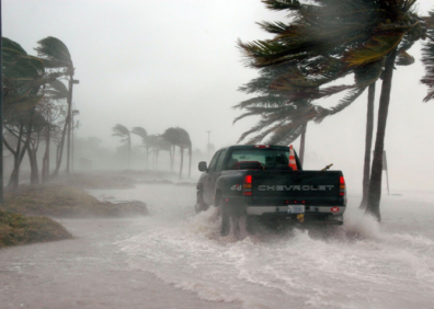 truck driving through hurricane